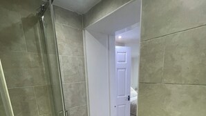 A bathroom with a shower, toilet, and a door leading to a bedroom.