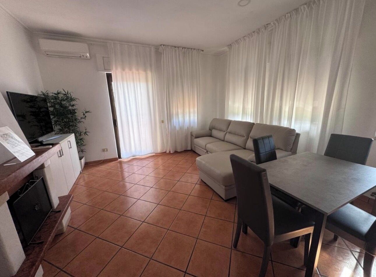 A living room with a sofa, a dining table with chairs, a TV, and a plant.