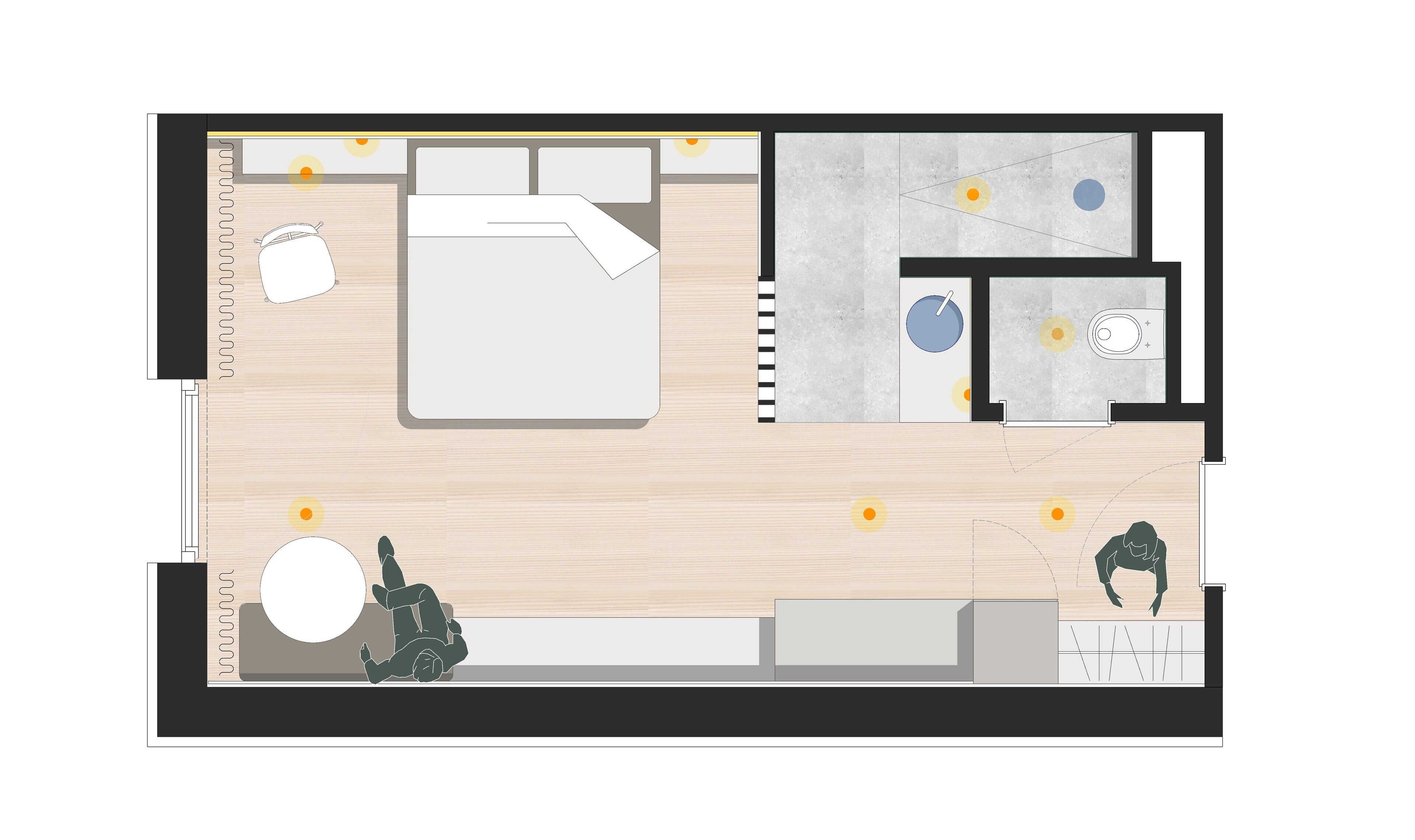 خزنة داخل الغرفة ومساحة عمل للكمبيوتر المحمول وستائر تعتيم