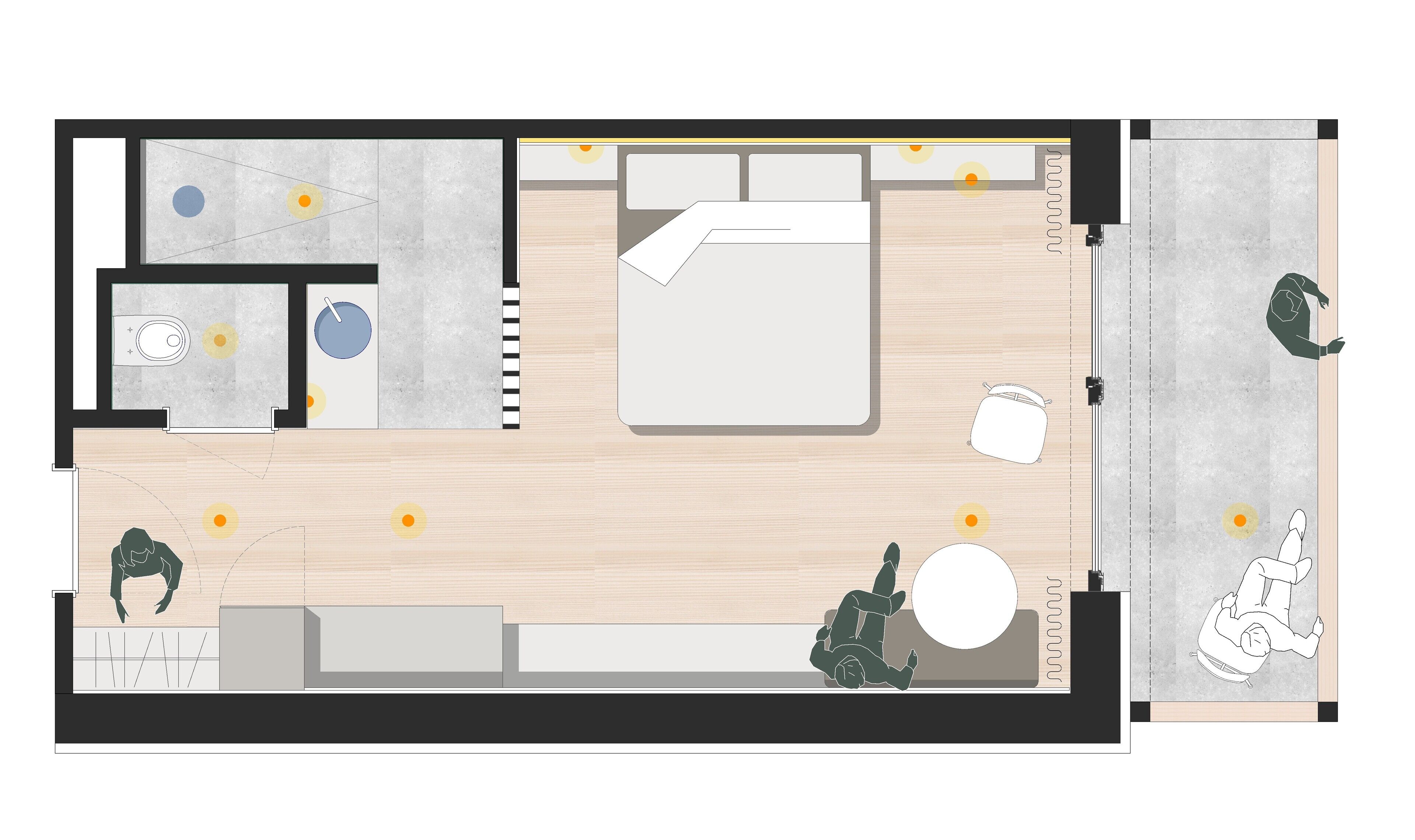 خزنة داخل الغرفة ومساحة عمل للكمبيوتر المحمول وستائر تعتيم