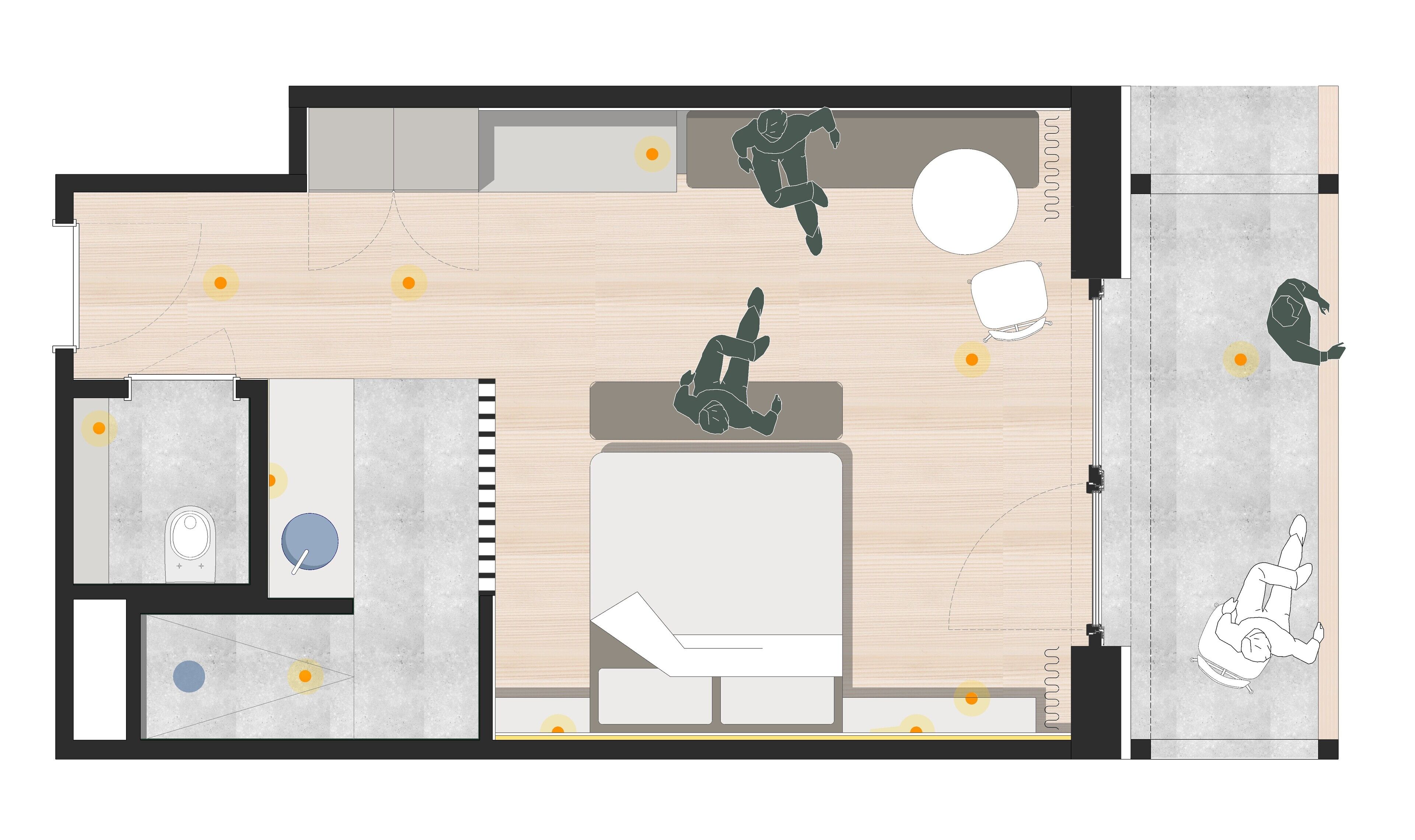 خزنة داخل الغرفة ومساحة عمل للكمبيوتر المحمول وستائر تعتيم