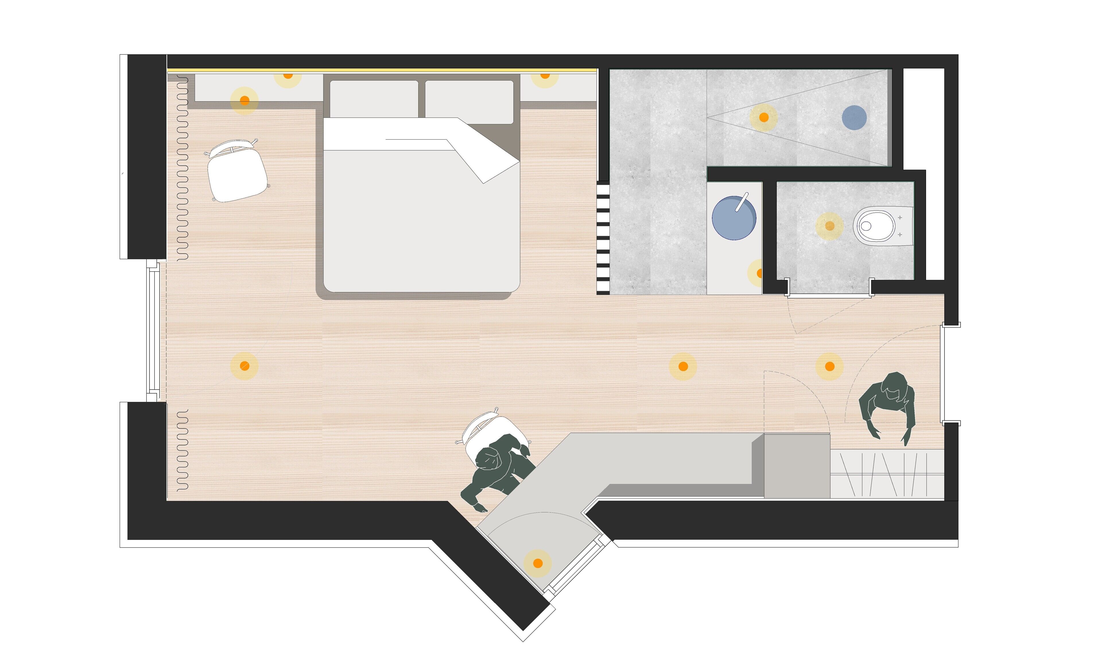 خزنة داخل الغرفة ومساحة عمل للكمبيوتر المحمول وستائر تعتيم