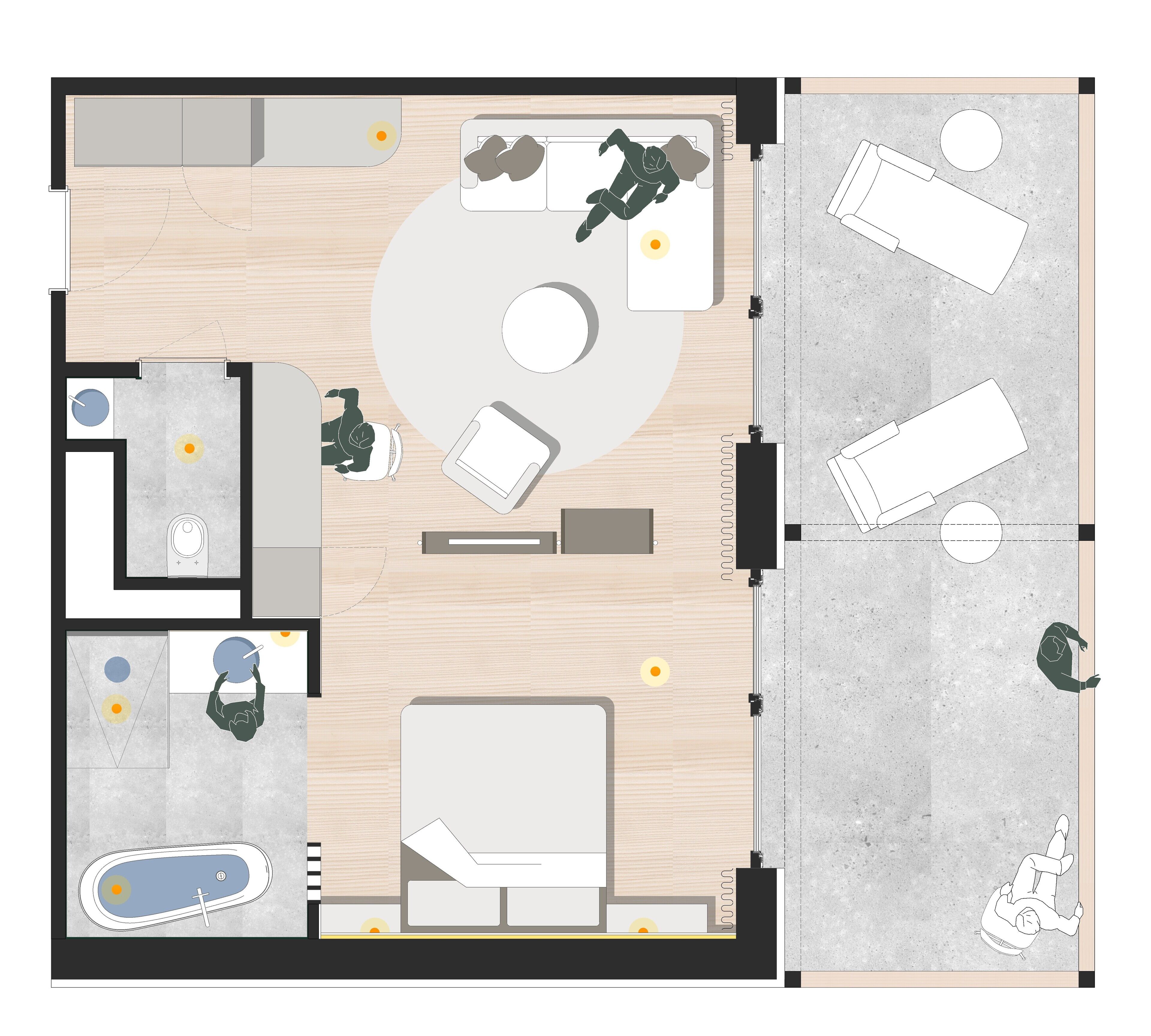 خزنة داخل الغرفة ومساحة عمل للكمبيوتر المحمول وستائر تعتيم