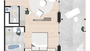 A hotel room layout with a bed, seating area, shower, and a small balcony. - Belsers Hotel (Nuertingen)
