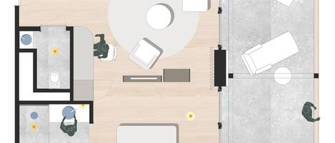Distribución de una habitación de hotel con cama, zona de estar, ducha y un pequeño balcón.