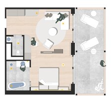 Planta de um quarto de hotel com cama, área de estar, chuveiro e uma pequena varanda.