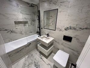 Hair dryer, towels, soap, toilet paper