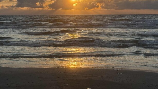 Ein Strand mit Wellen und einem Sonnenuntergang.