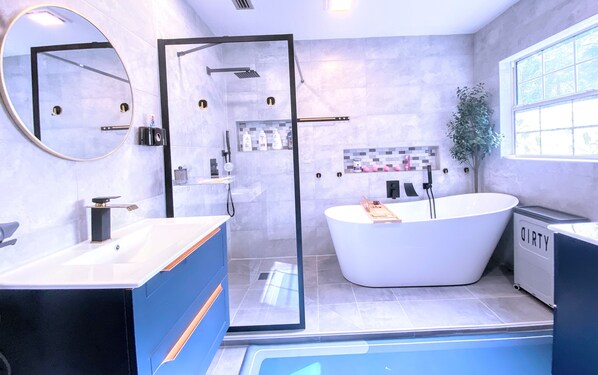 Shower, hair dryer, bidet, towels