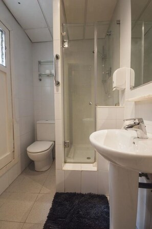 A bathroom with a toilet, a glass-enclosed shower, and a sink with a mirror. - Hostel Albergue Studio (Barcelona)