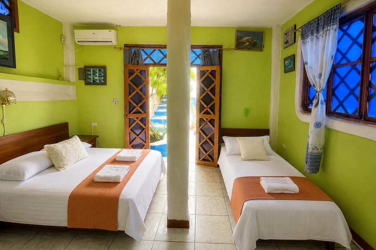 A hotel room with two beds, a window with blue curtains, a door with a wooden lattice, and a view of a blue sky and greenery outside.