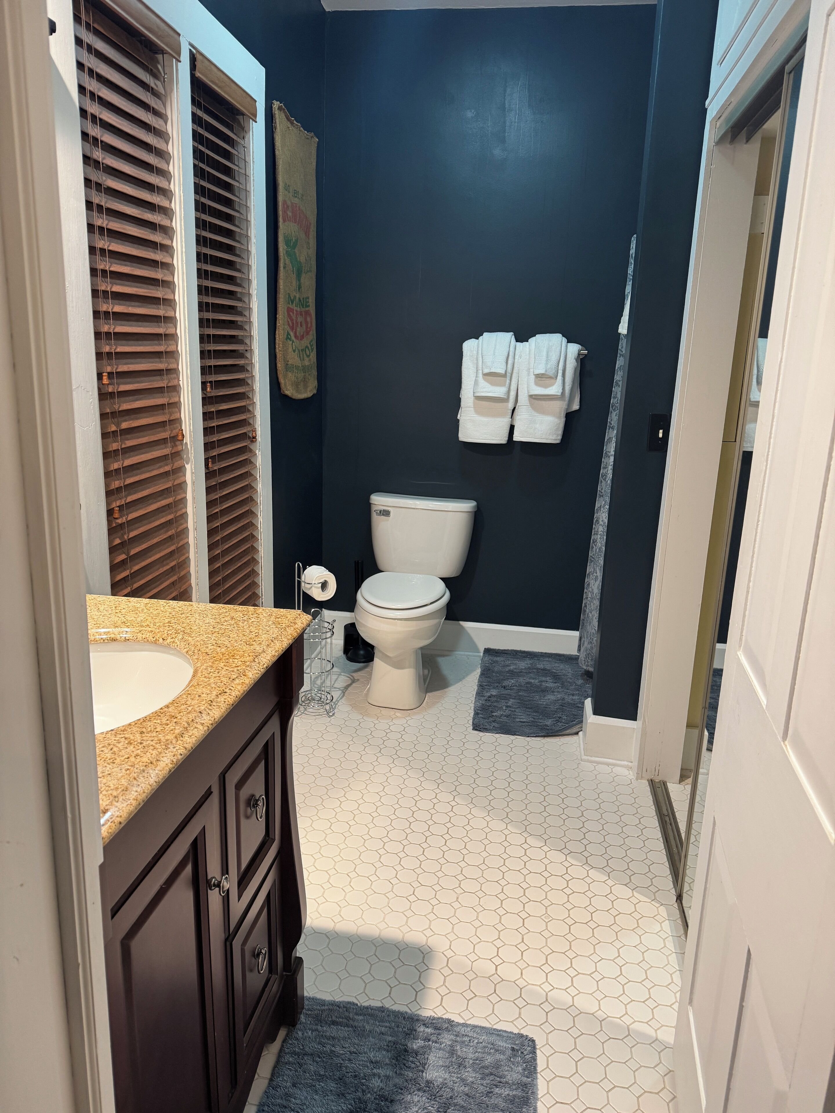 Une salle de bain avec des toilettes blanches, un lavabo doté d’un plan de travail en granit et un mur bleu foncé.