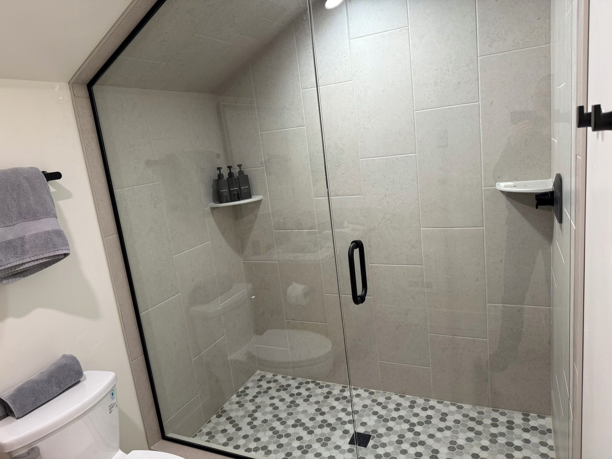 Shower, towels, soap, shampoo