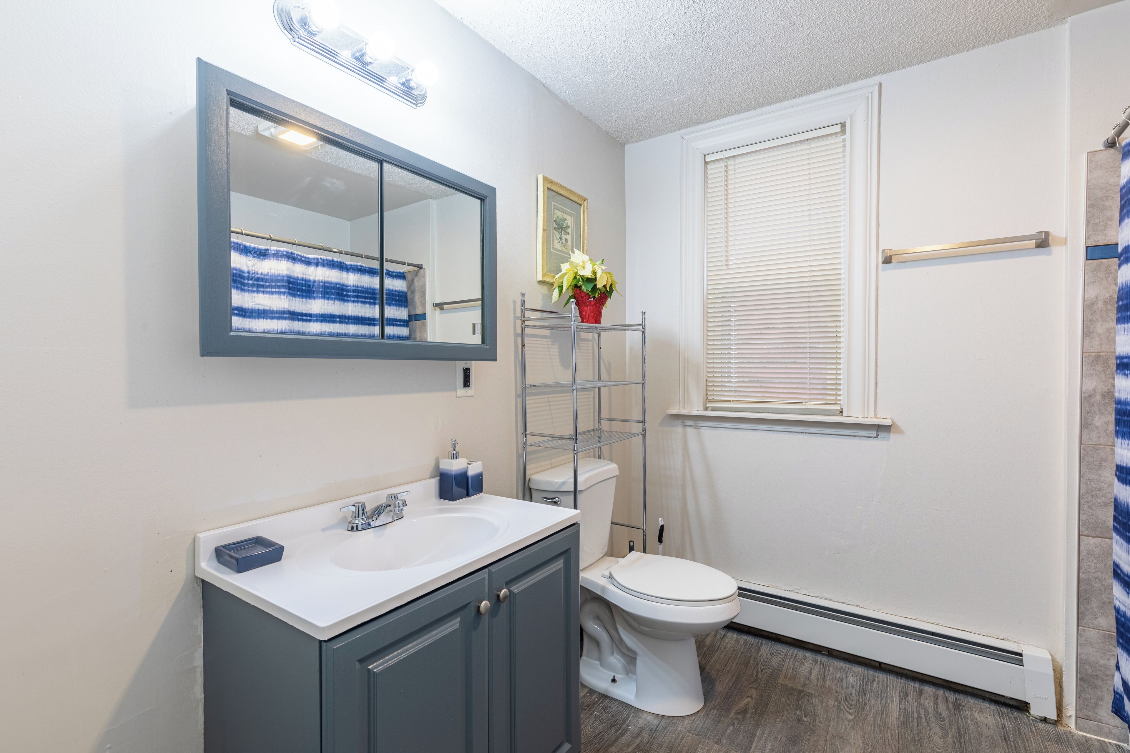 A bathroom with a white sink, a mirror, a toilet, and a shower curtain.