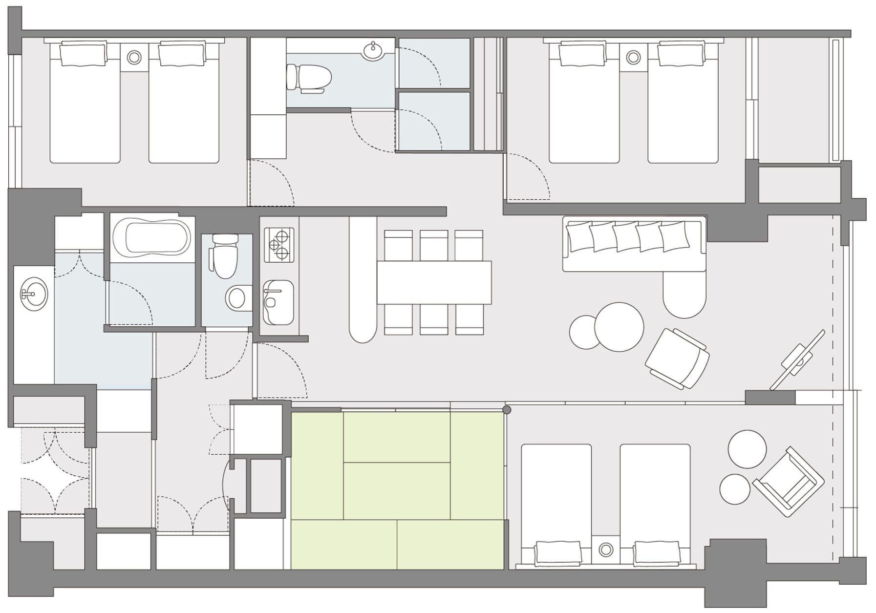 A hotel floor plan with multiple bedrooms, a bathroom, a kitchen, and a living area.
