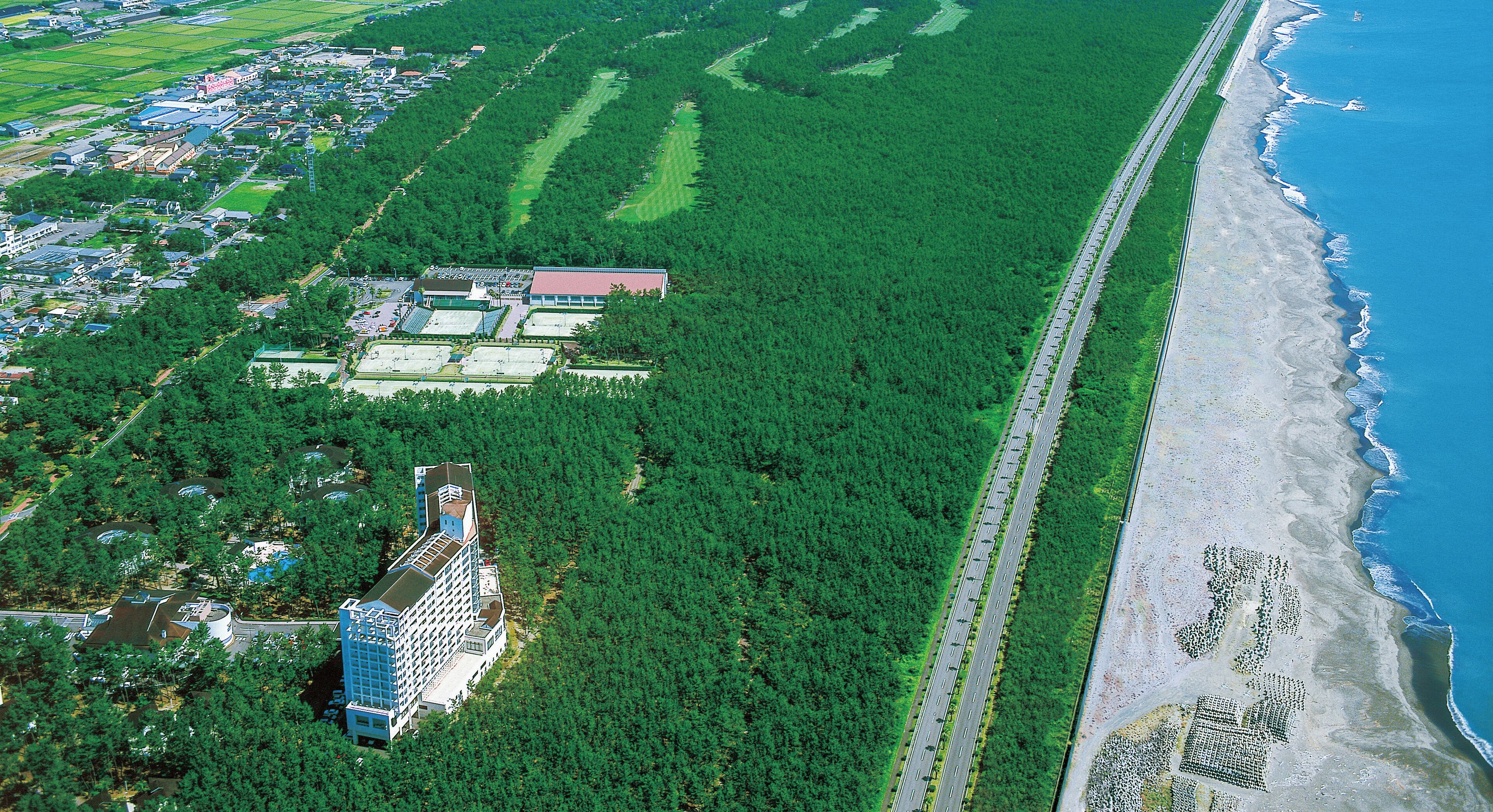 An aerial view of a coastal area with a large hotel, dense forest, and a beach.