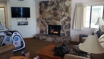 Télévision, cheminée, baby-foot, table de tennis de table