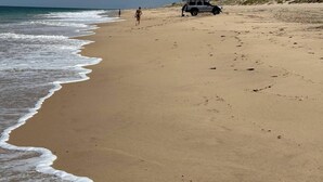 En strand med ett fordon parkerat på sanden, vågor som rullar in mot stranden och en person som går i fjärran.