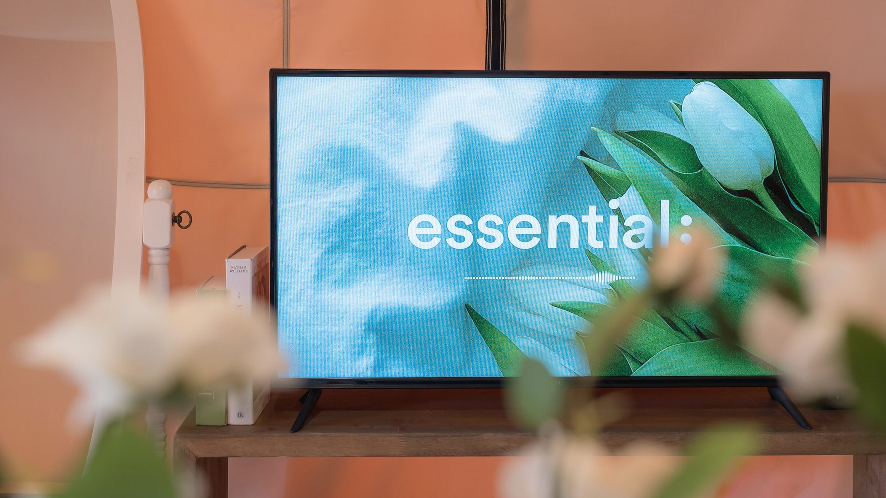 Un televisor mostrando la palabra “essential:” sobre un fondo de hojas verdes y cielo azul.