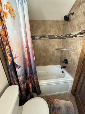 Hair dryer, towels, soap, shampoo