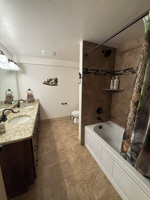 Hair dryer, towels, soap, shampoo