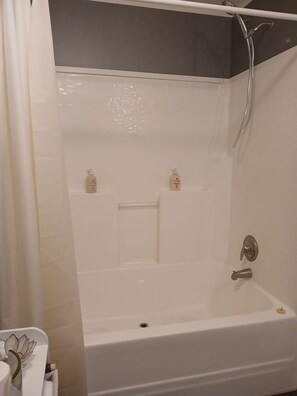 Hair dryer, towels, soap, toilet paper