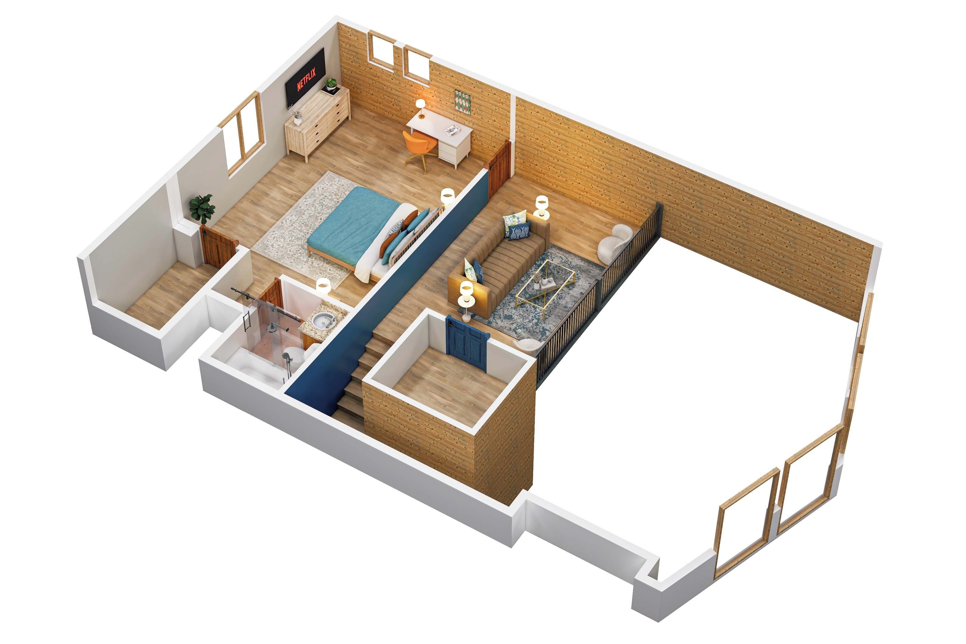 Ein 3D-Grundriss einer modernen Wohnung mit Wohnzimmer, Schlafzimmer, Bad und Küchenbereich.
