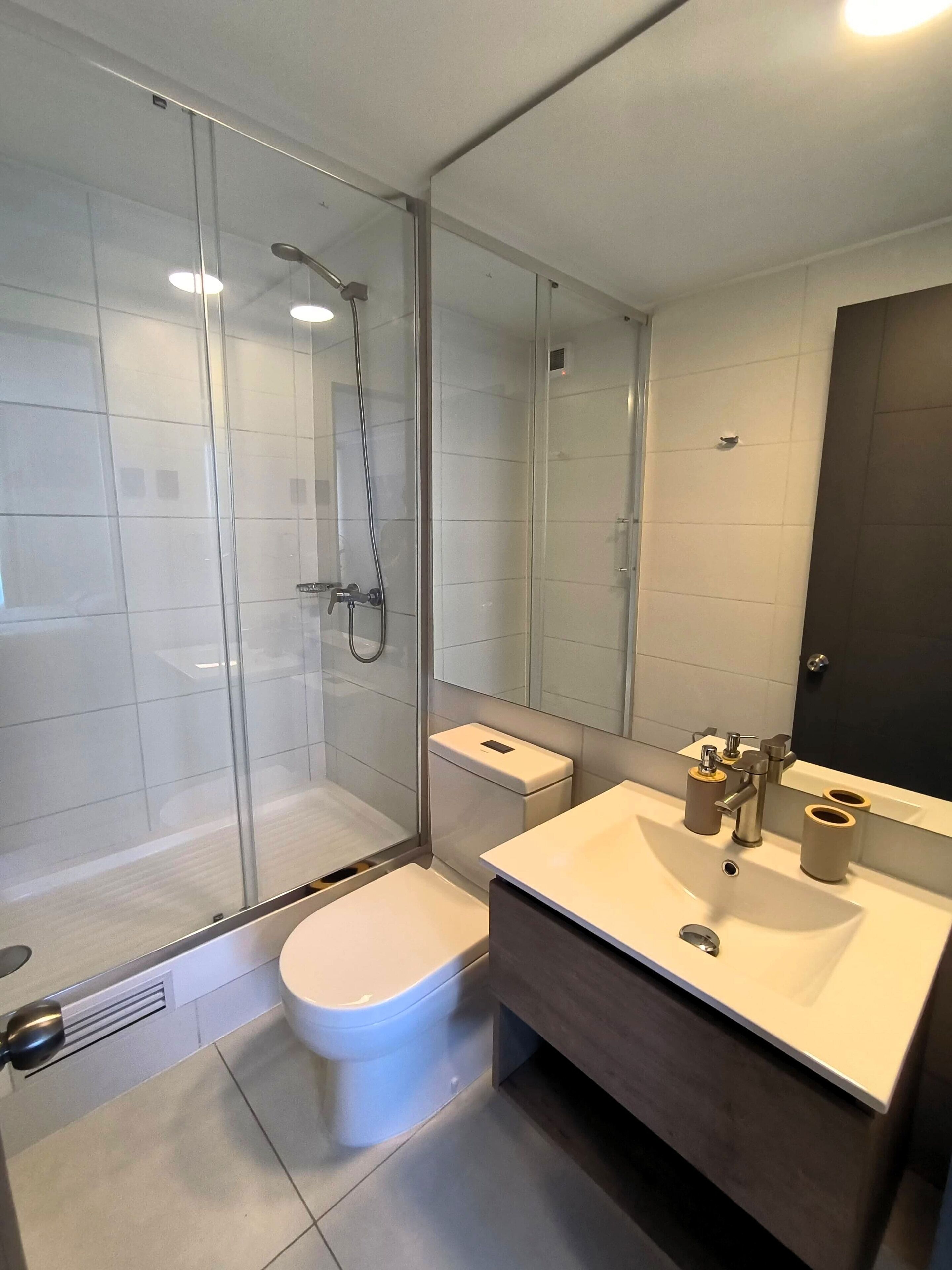 Shower, towels, soap, toilet paper