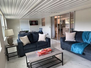 Un salon avec deux canapés, une table basse, une lampe et un jeu de fléchettes.