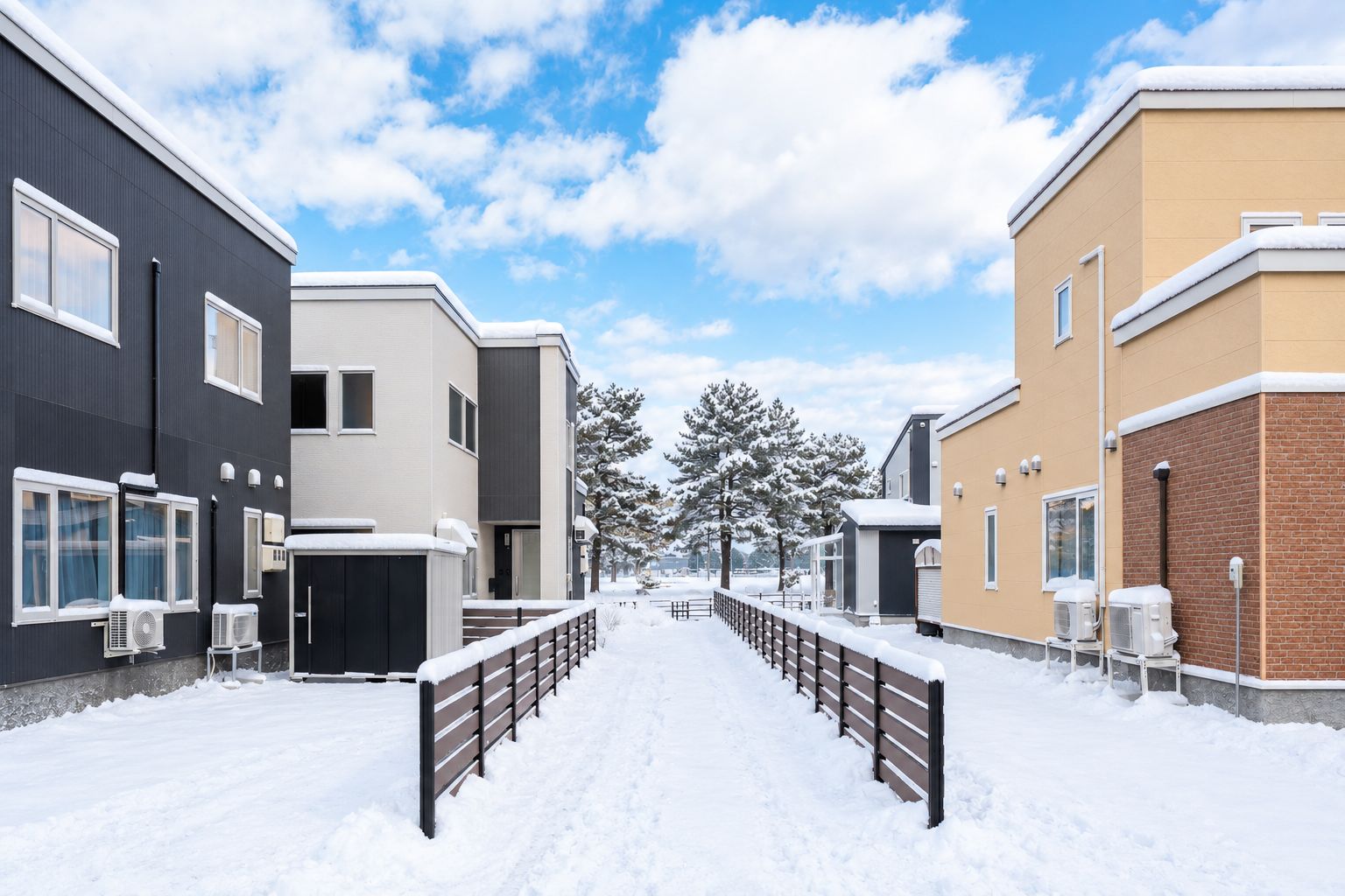 A snow-covered pathway between modern buildings with air conditioning units.