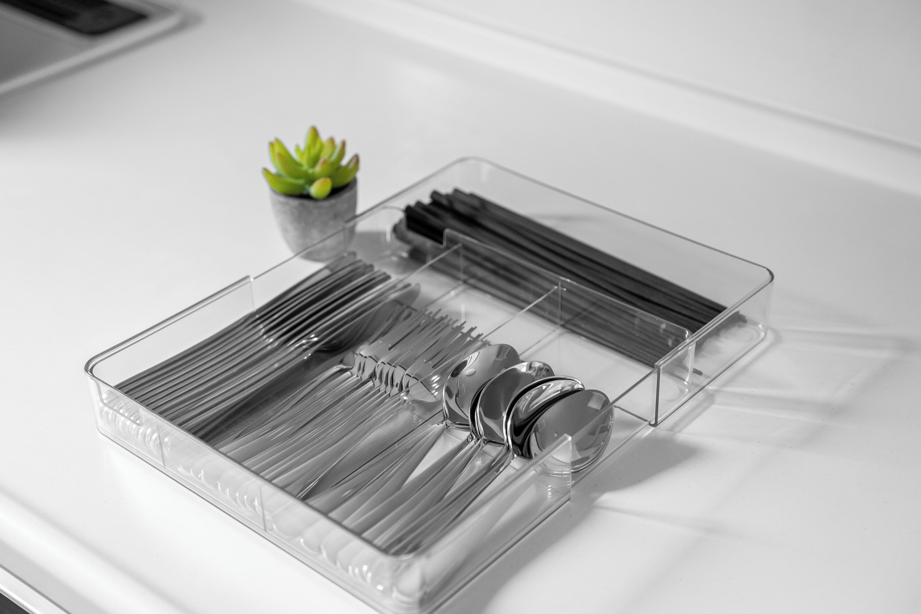A clear plastic tray with utensils and a small potted plant on a white surface.