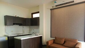 A compact living space with a kitchenette, a sofa, and a large window.