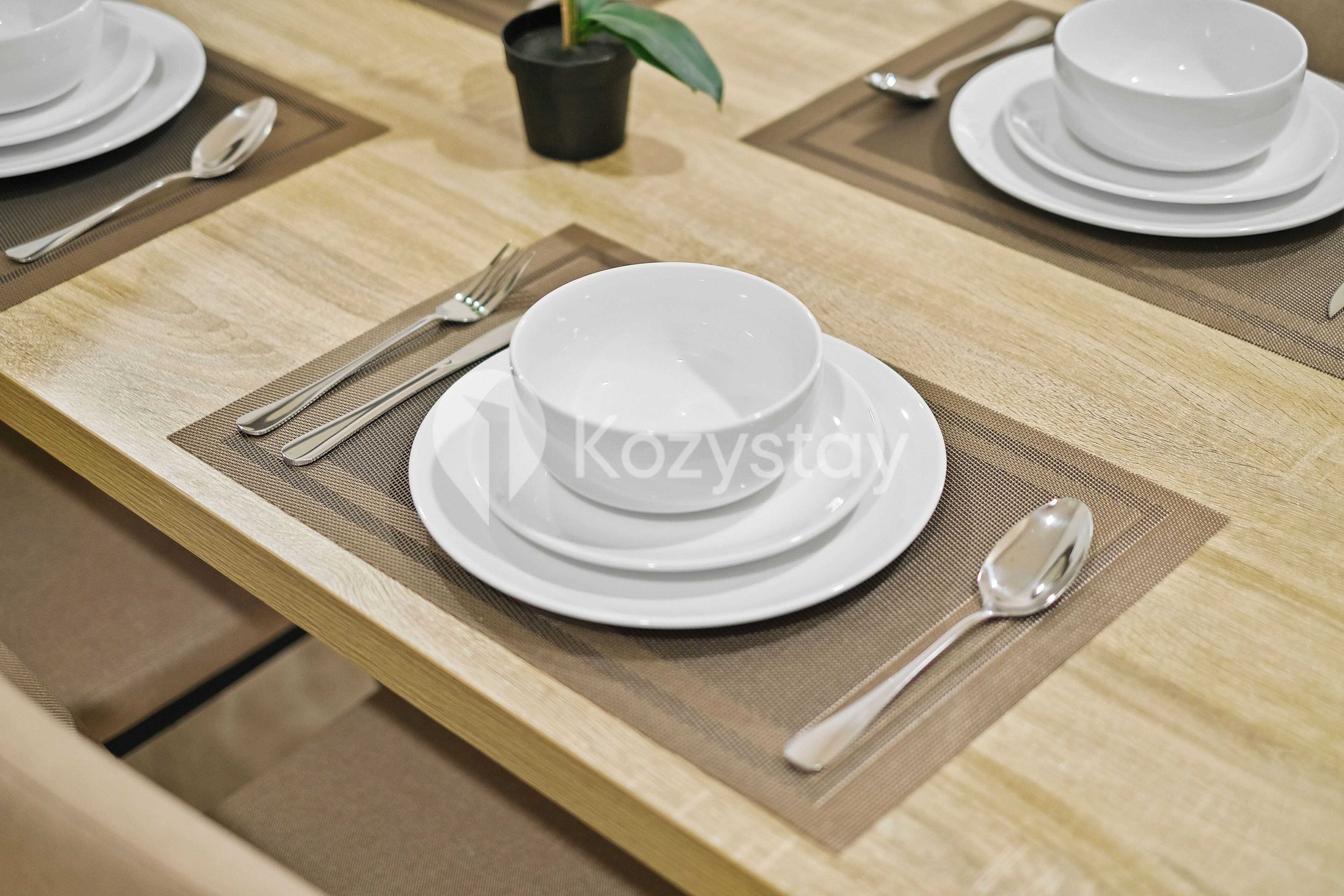 A neatly set dining table with plates, cutlery, and a potted plant.