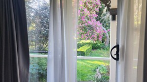 A view through a window with sheer curtains, revealing a garden with a pink flowering tree and well-maintained grass.