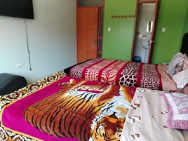 Un dormitorio con una cama cubierta de mantas estampadas, un televisor montado en la pared y una puerta verde.