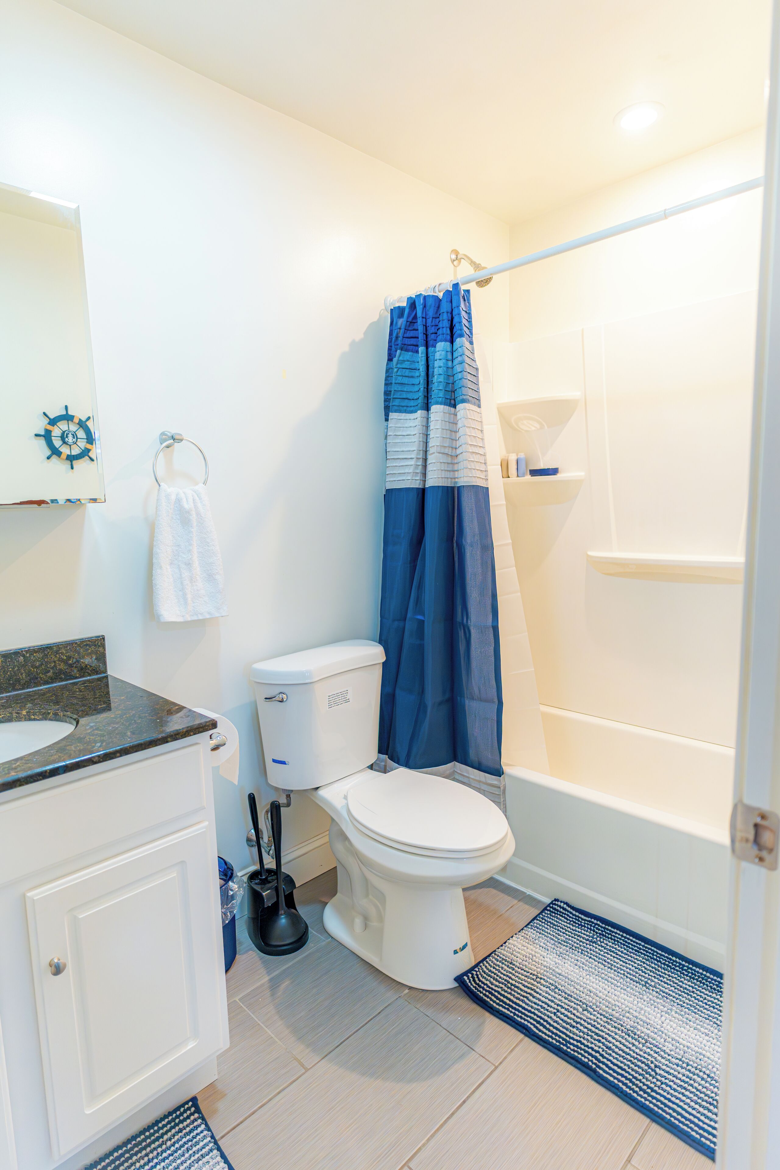 Hair dryer, towels, soap, toilet paper