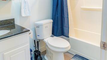 Hair dryer, towels, soap, toilet paper