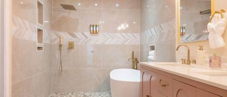 Hair dryer, towels, soap, shampoo