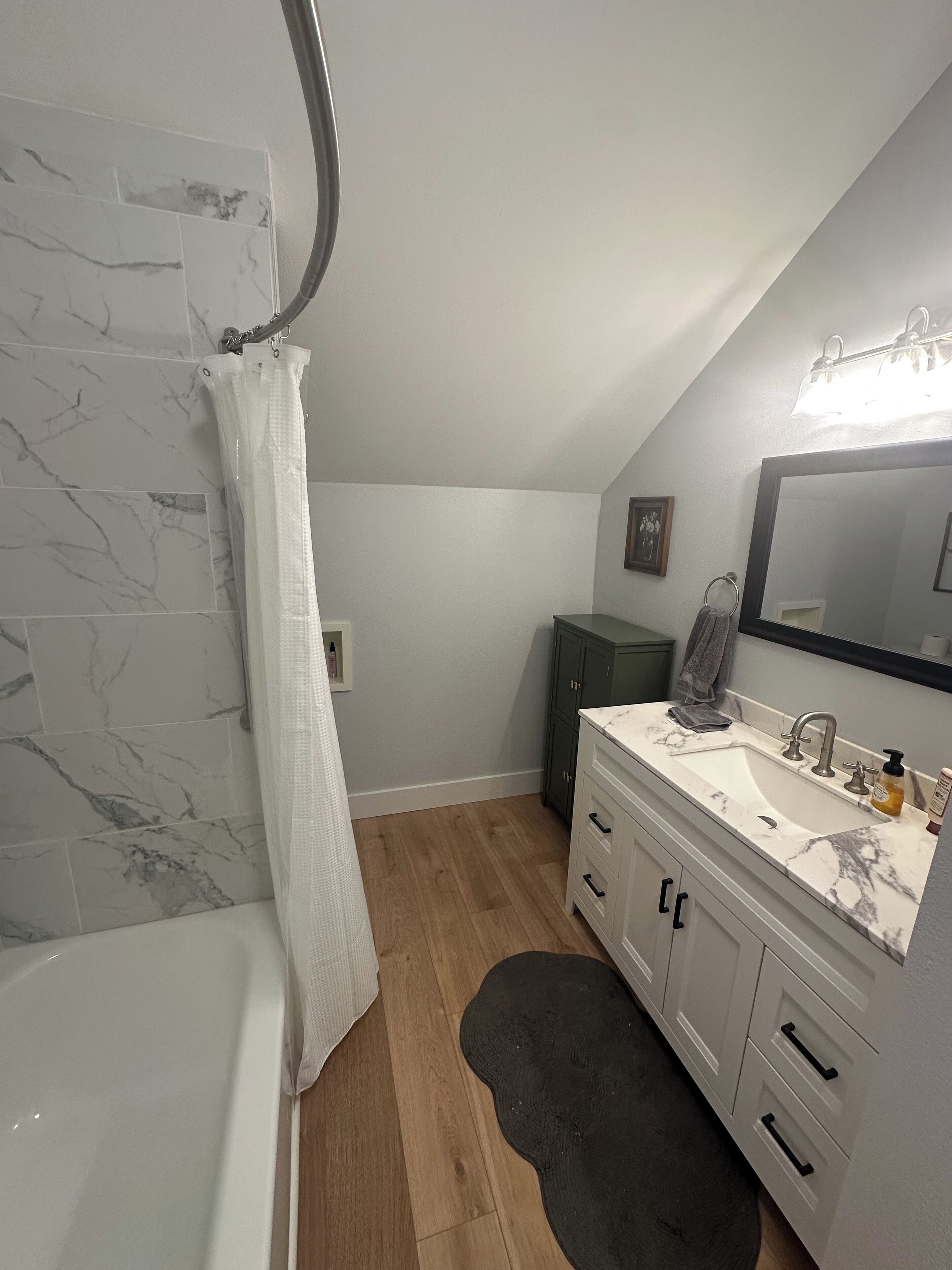 Hair dryer, towels, soap, shampoo