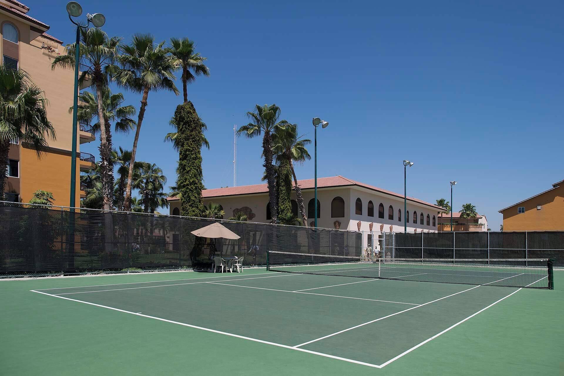 Een tennisbaan met een net, omringd door een hek, palmbomen en gebouwen op de achtergrond.