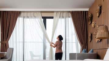 In-room safe, desk, laptop workspace, blackout curtains