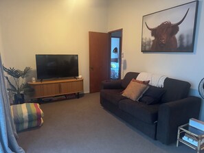 Smart-tv, een open haard, boeken en een stereo