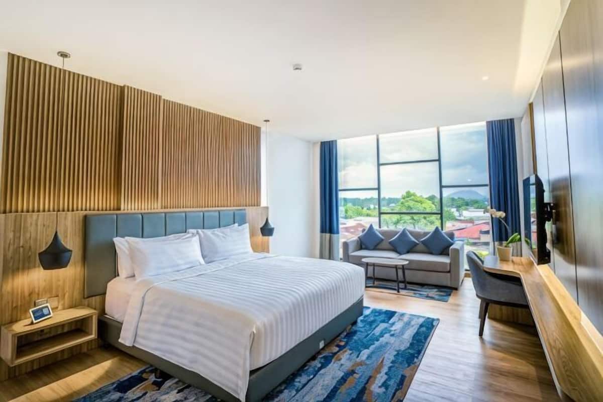 Habitació d'hotel moderna amb un llit gran, un sofà, una televisió i vista a l'exterior.