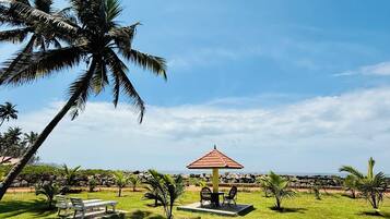 A grassy area with a gazebo, benches, and palm trees.