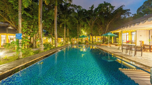 Une piscine entourée de palmiers et une terrasse en bois avec des sièges d’extérieur.