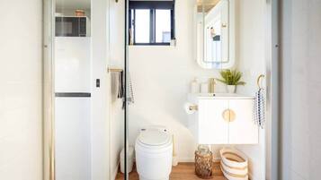 Shower, hair dryer, towels, soap