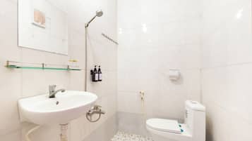 A bathroom with a white sink, a toilet, and a shower.