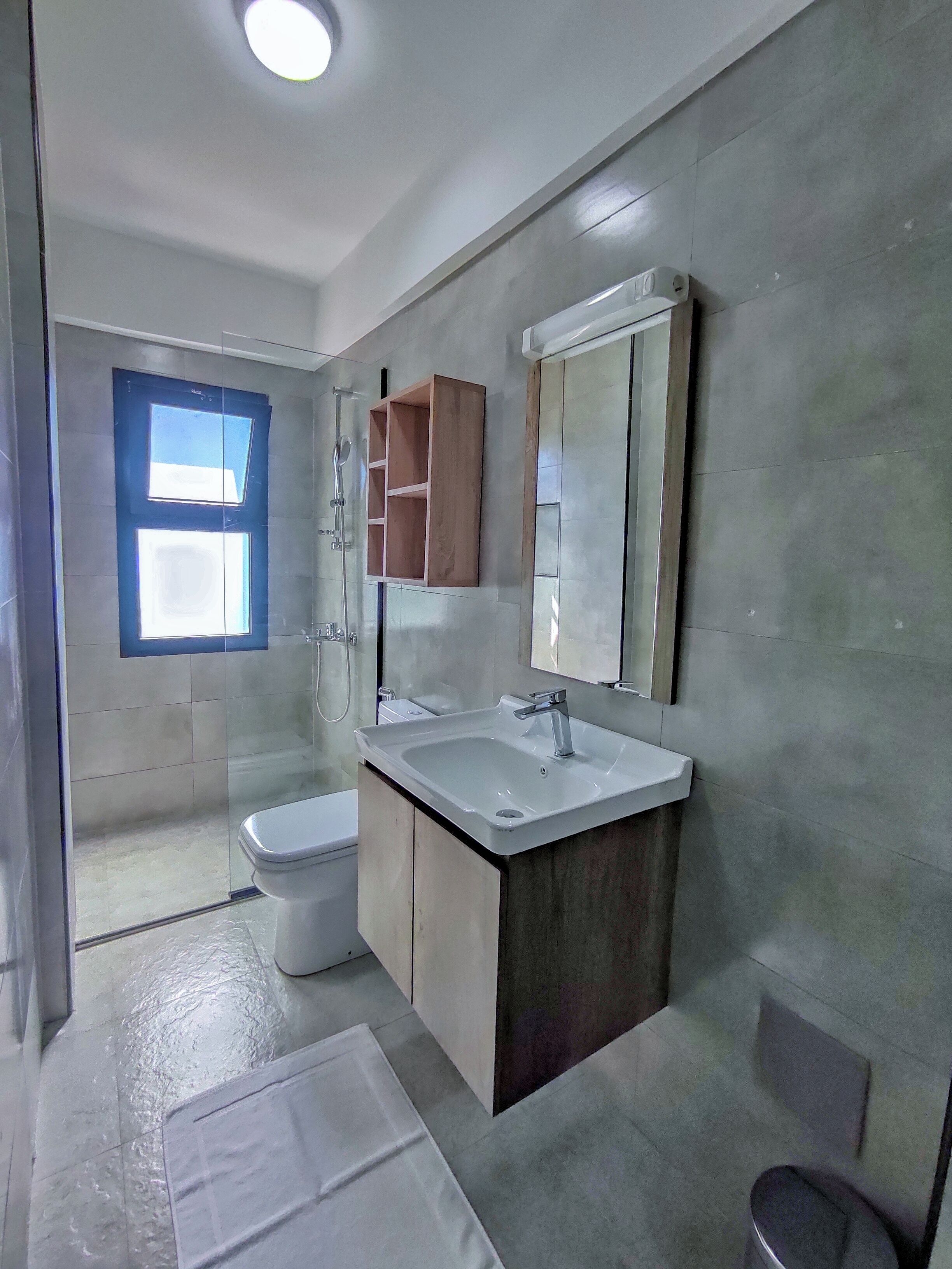 A modern bathroom with a shower, toilet, and sink.