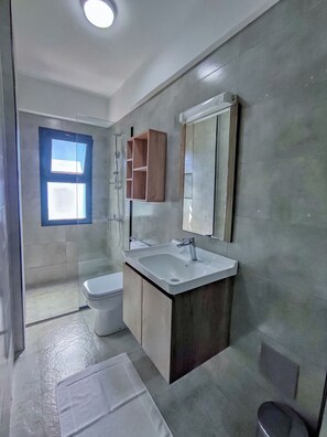 Appartement Confort, vue ville | Salle de bain | Douche, serviettes fournies, savon, shampoing