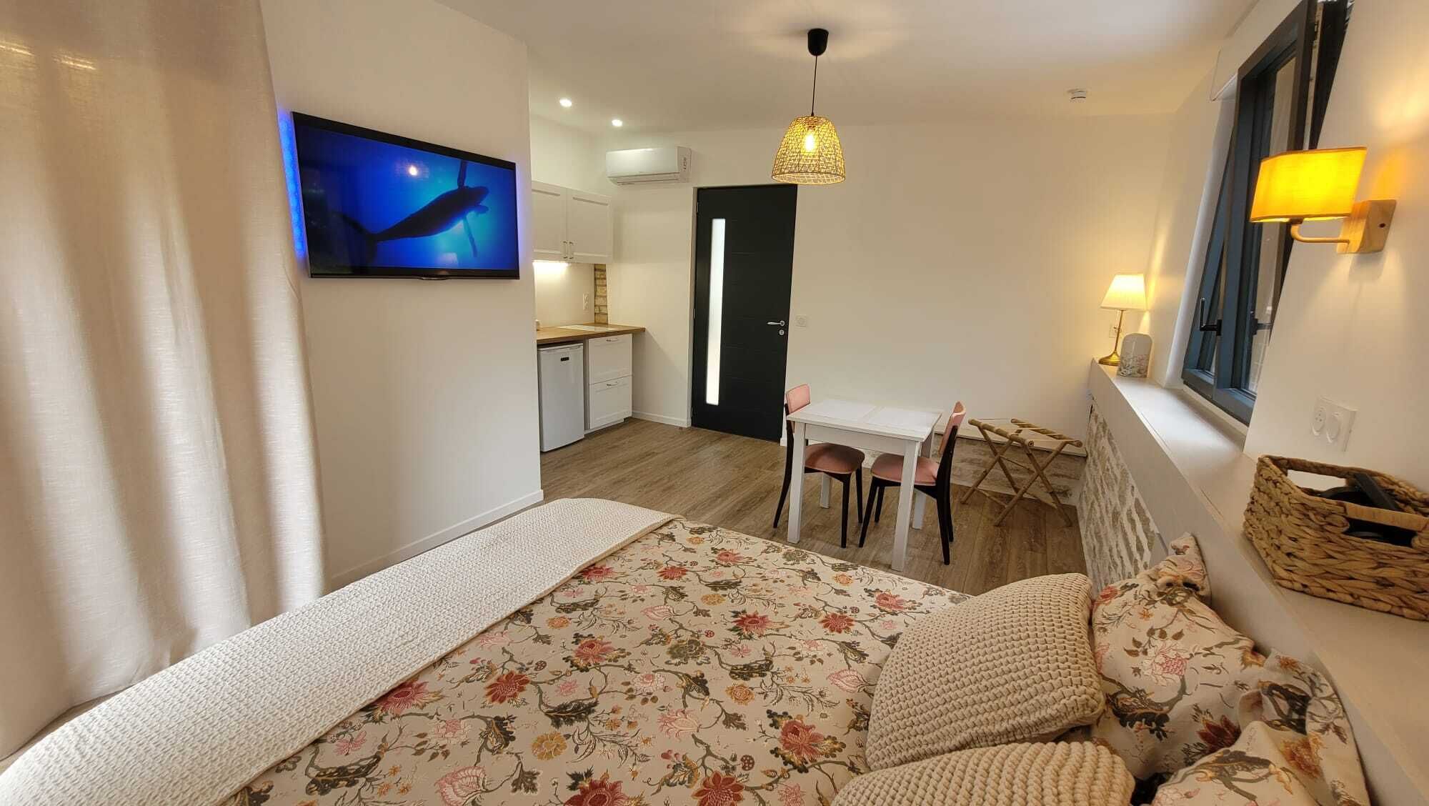 A cozy bedroom with a bed, a TV, a dining table, and a kitchen area in the background.